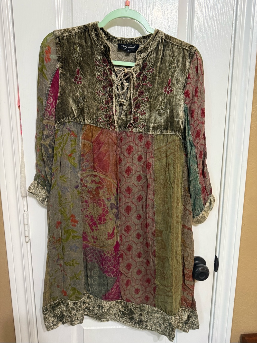 H064 NWT Young Threads S Ptp 18 Multicolor Patchwork Mini Dress with Lace-Up - Picture 2 of 14